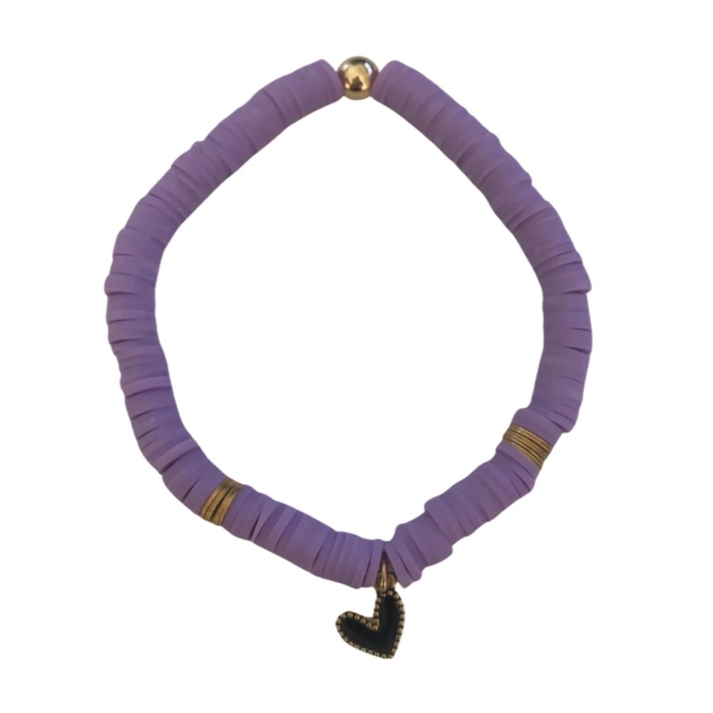 Black Heart Charm & Lavender Clay Disc Bracelet